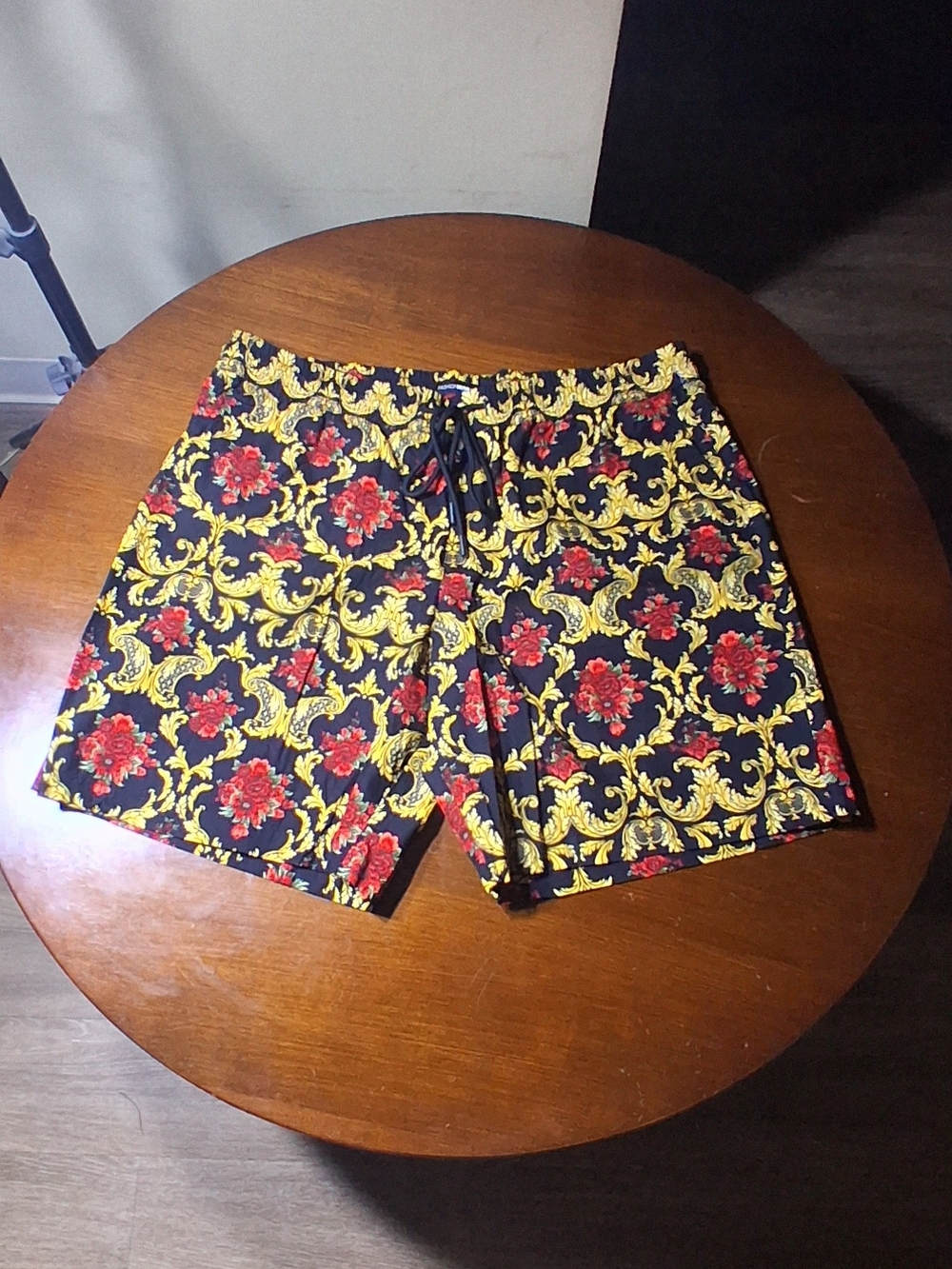 Fashion Nova Black Drawstring Shorts with Red Floral & Gold Baroque Print